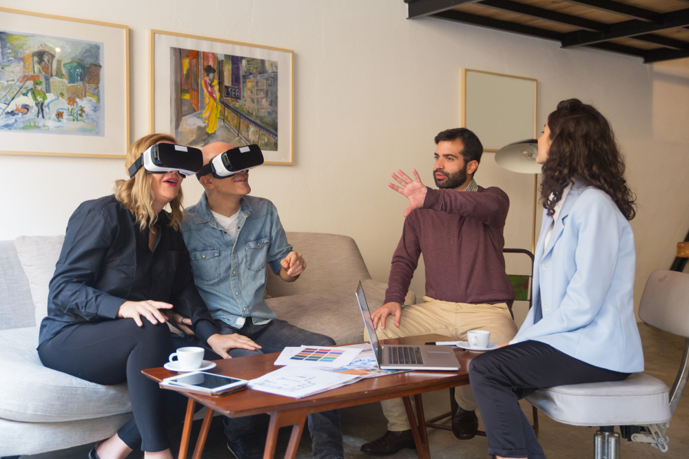 Augmented reality in interior design: A user visualizes furniture placement in a living room using a mobile app.