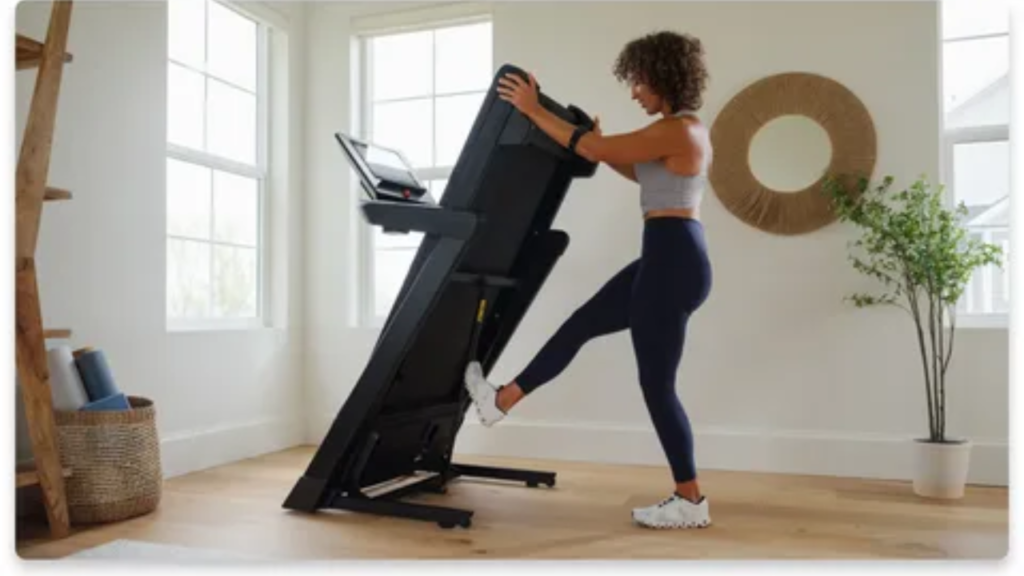 A woman open folding treadmill