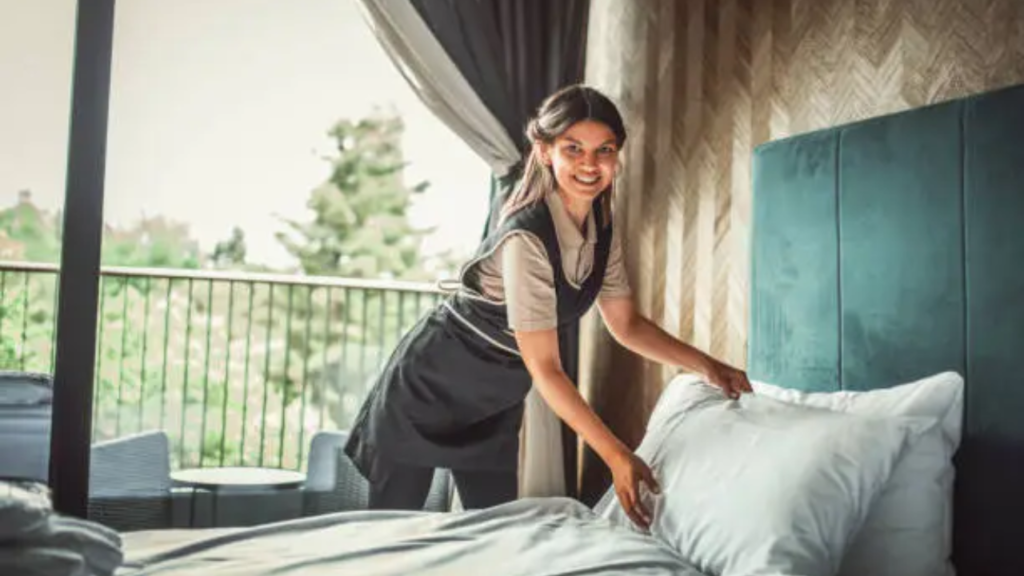 Smiling housekeeper making a bed in a high-end hotel room, representing luxury cleaning service