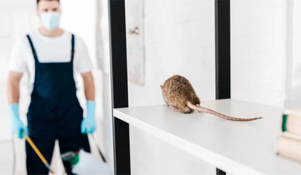 A pest control worker wearing a face mask and gloves is standing in a room, holding a sprayer. In the foreground, a large brown rat is walking on a white shelf. This image is relevant to rodent control Queens.