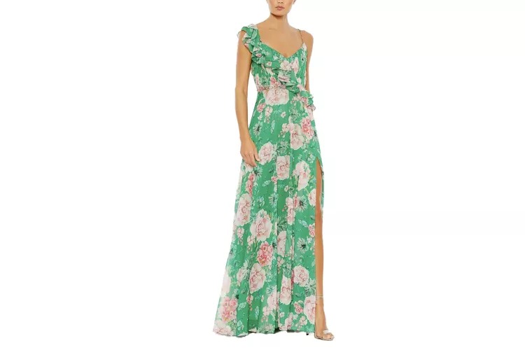 Mac Duggal Floral Print Ruffled Wrap Over A Line Gown