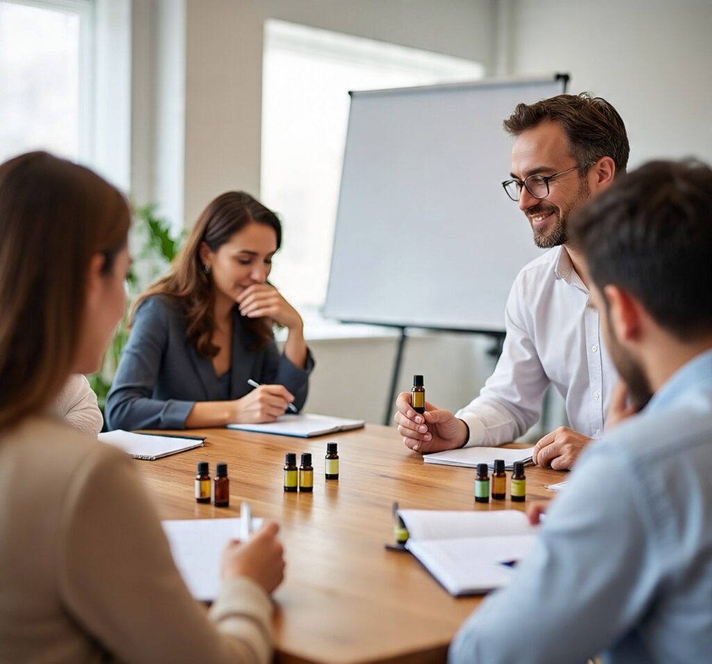 Employees using essential oils in a guided aromatherapy workshop.