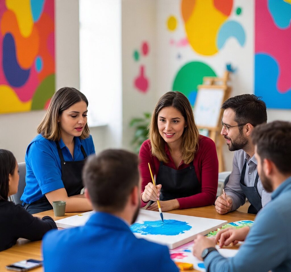 Employees painting and exploring colors during a workplace color therapy workshop.