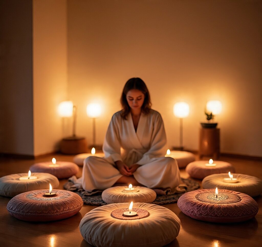 Team members participating in a guided five-element sound healing session.