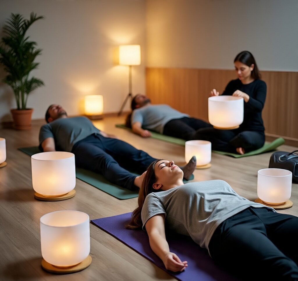 Employees relaxing during a crystal bowl sound bath in a corporate wellness session.