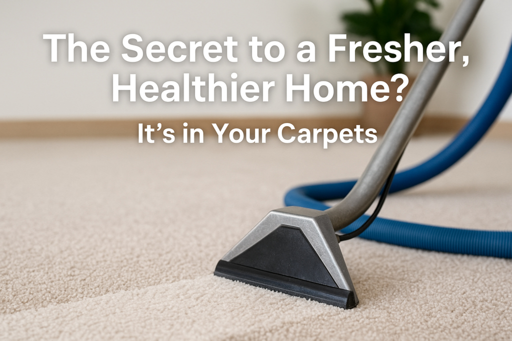 Professional carpet cleaning tool refreshing a beige carpet with text overlay about a fresher, healthier home.