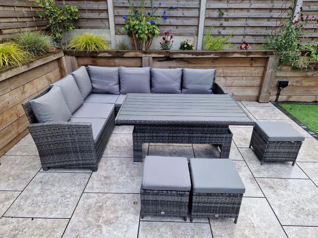 Rattan Charlotte Corner Sofa Dining Table 3 Stools Set Grey