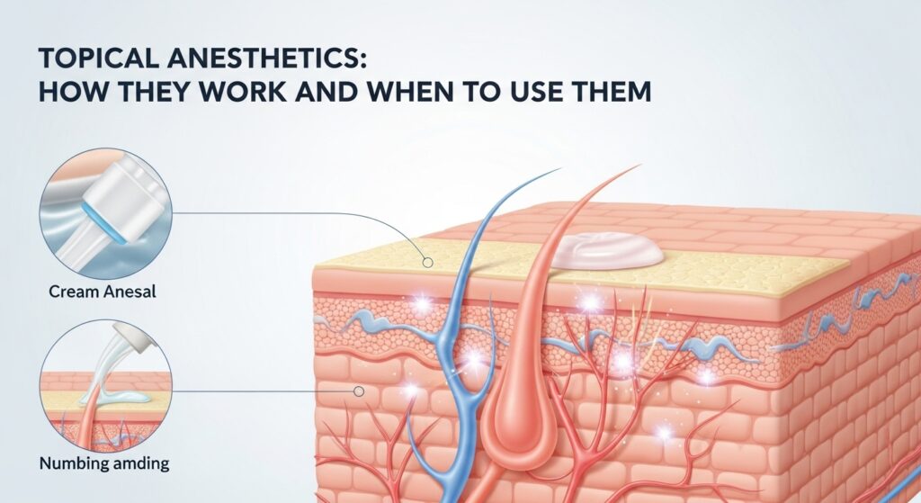 Illustration showing how topical anesthetics work on the skin to numb nerve endings.