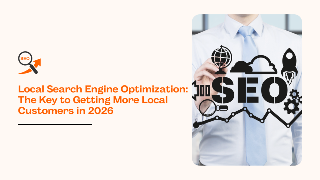 Local Search Engine Optimization strategy concept showing SEO growth, digital marketing icons, and business professional improving local search rankings