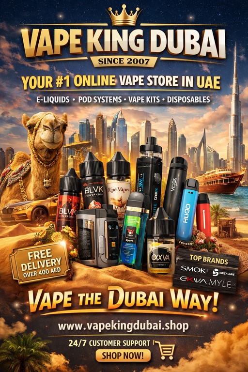 Vape King Dubai - Your #1 Online Vape Store in UAE. Featuring e-liquids, pod systems, vape kits, and disposables. Free delivery over 400 AED. Top brands like SMOK, GeekVape, and more. Shop Now at www.vapekingdubai.shop