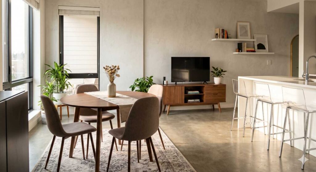 A modern open-concept living space featuring a round wooden dining table with chairs, a mid-century modern TV stand, and clear acrylic bar stools at a white kitchen island