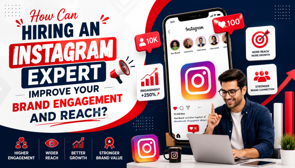 “Professional illustration showing how Hiring an Instagram Expert improves brand engagement and reach through content strategy, analytics, and audience interaction.”