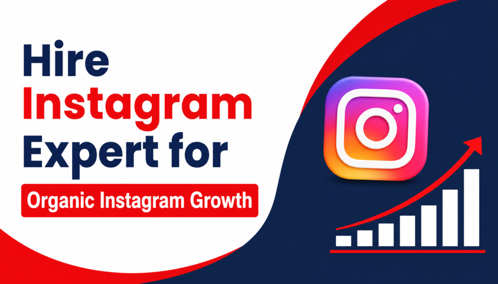Instagram growth concept showing analytics dashboard, content planning strategy, and social media engagement icons representing organic Instagram growth and expert marketing services.