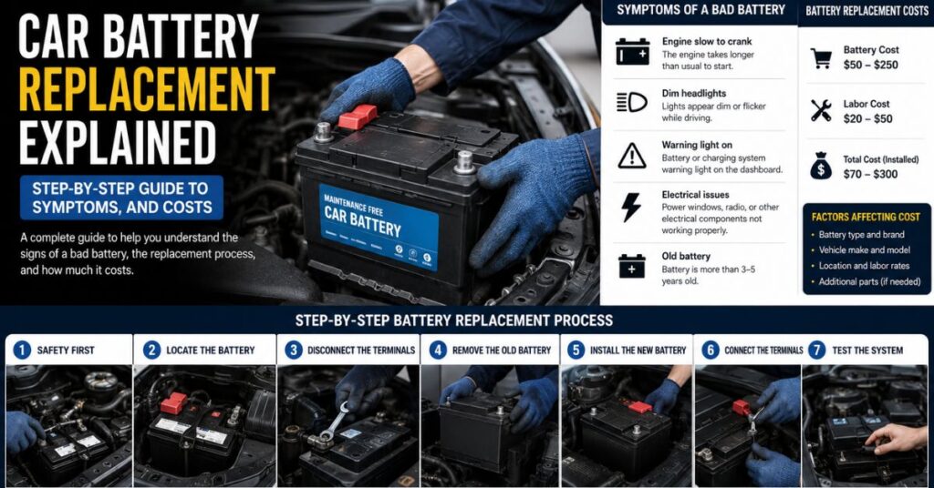 Side-by-side comparison of an old corroded car battery and a new replacement, with a mechanic's multimeter testing voltage during a professional car battery replacement service.