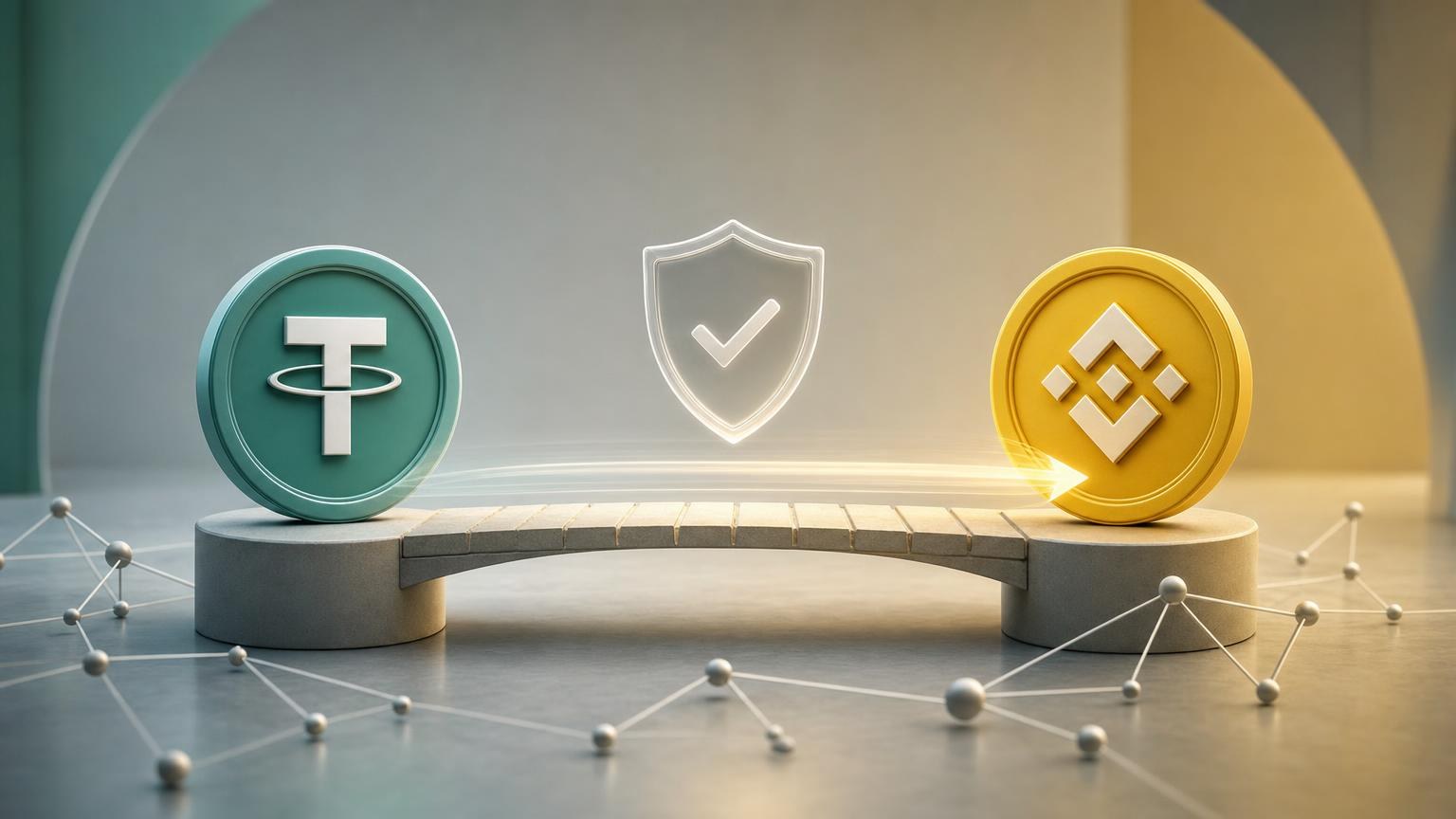 A USDT-to-BNB exchange route showing separate deposit and withdrawal networks, address checks, transaction states, and recovery paths