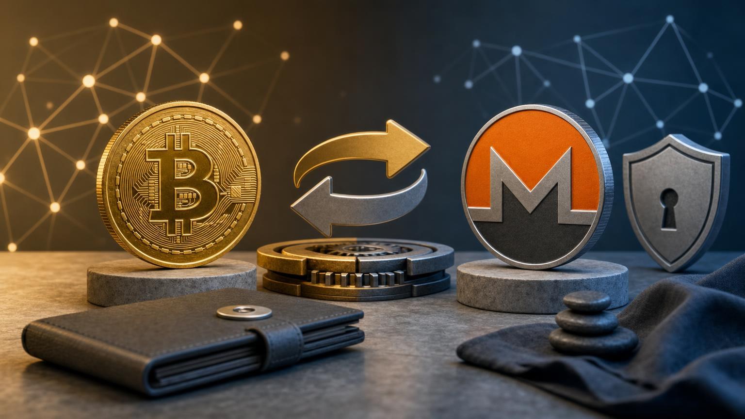 Bitcoin being exchanged for Monero on a secure interface, with network fees, confirmation status and privacy controls shown on screen