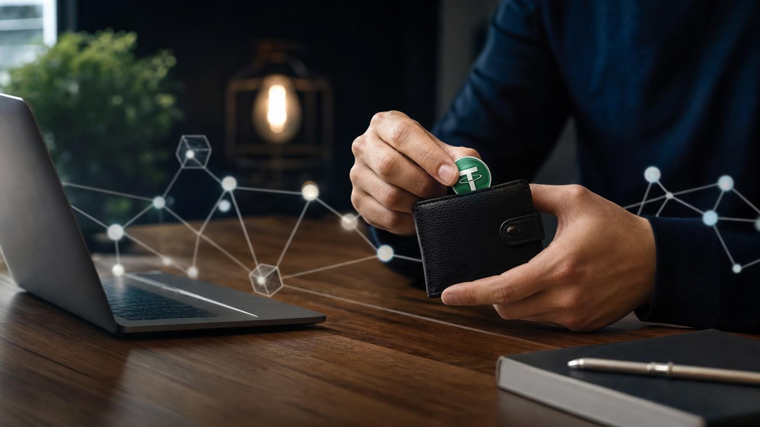 A user comparing the USDT network, wallet address, amount, and transaction details before confirming a cryptocurrency exchange