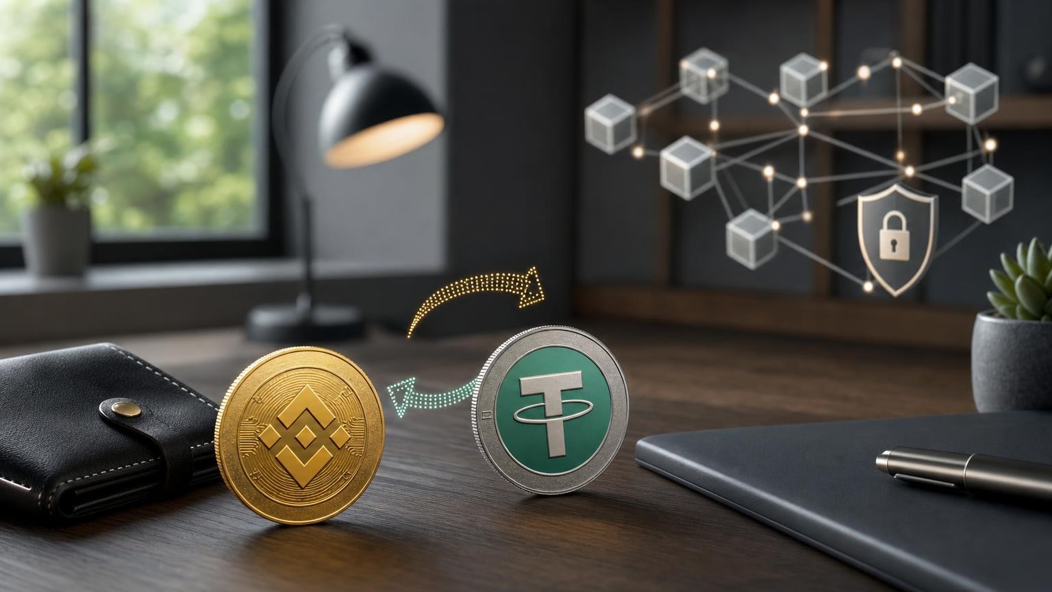 BNB being converted to USDT across BNB Smart Chain, Ethereum, and Tron routes with network compatibility checks