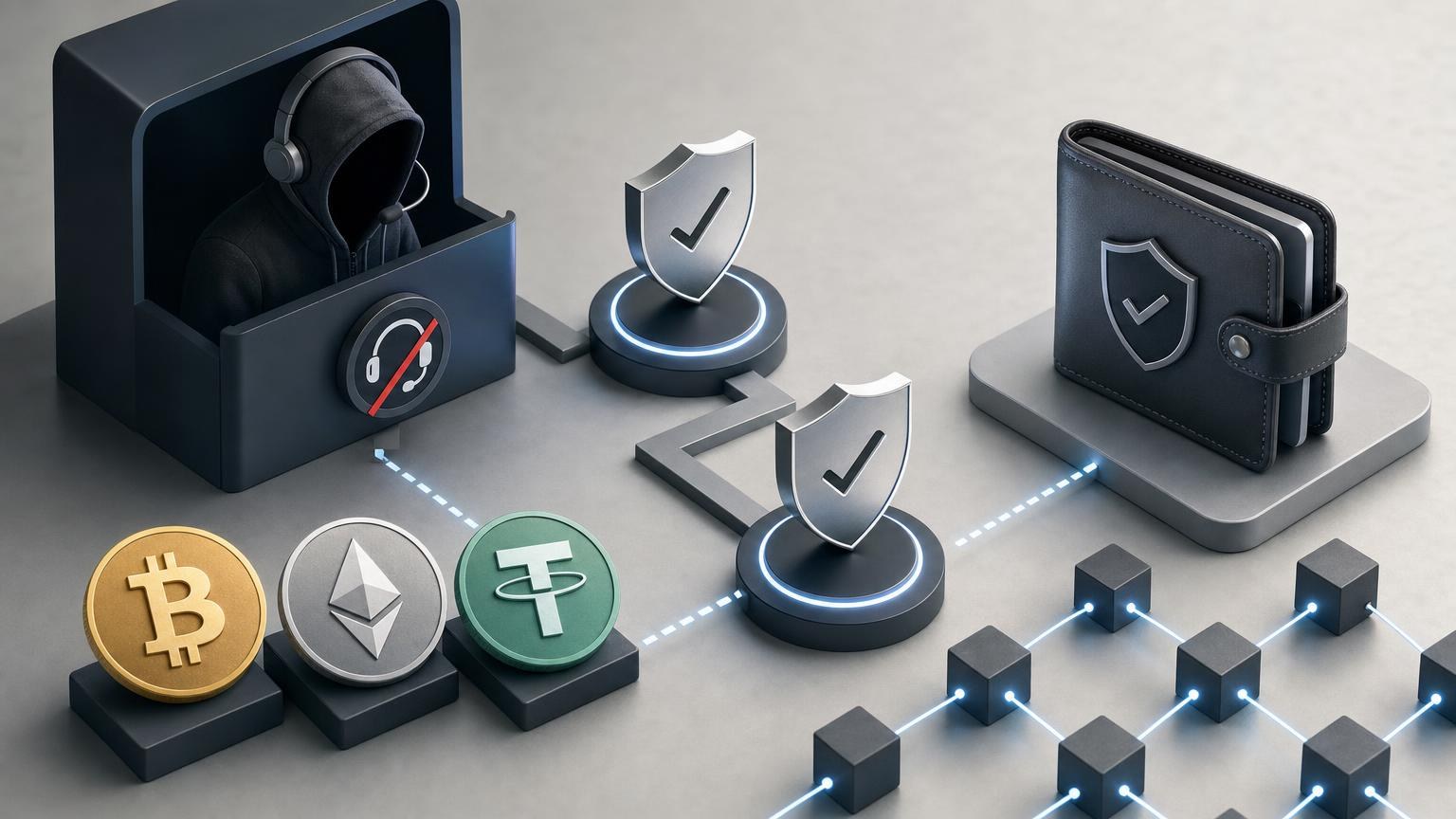 A crypto user checking an exchange domain, wallet address, network and transaction details before sending BTC, ETH or USDT