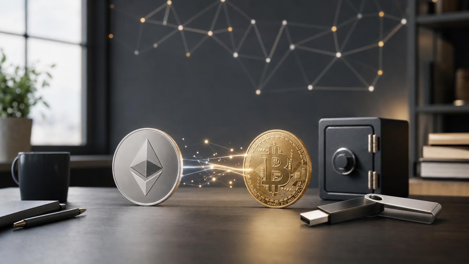 A beginner checks an Ethereum deposit address, an ETH-to-BTC quote, and a Bitcoin receiving address before confirming a crypto exchange
